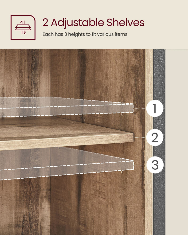 Diagram showing each shelf setting to 3 different heights inside the cabinet
