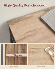 Close-up of the tabletop with an inset showing the 15 mm panel thickness