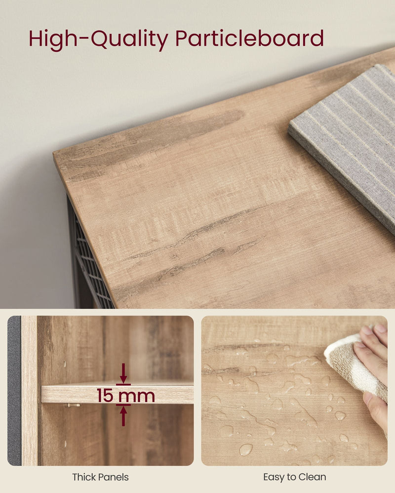 Close-up of the tabletop with an inset showing the 15 mm panel thickness