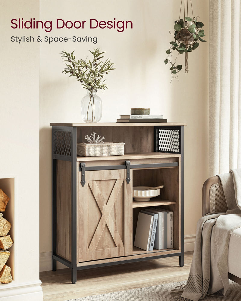 Toasted oak cabinet against a living room wall with the barn door closed