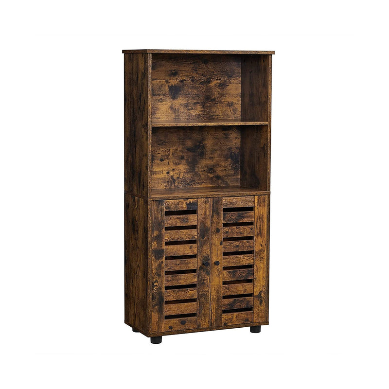 Rustic brown storage cabinet with 2 open shelves above and 2 louvered doors below on a white background