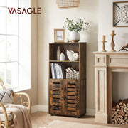Vasagle rustic brown cabinet styled with books and vases in a living room beside a fireplace
