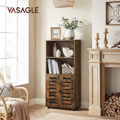 Vasagle rustic brown cabinet styled with books and vases in a living room beside a fireplace
