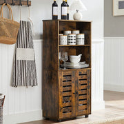 Rustic brown cabinet in a kitchen holding crockery, wine glasses and storage jars