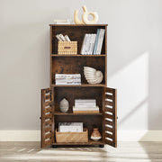 Open upper shelves of the rustic brown cabinet holding books, baskets and an ornament