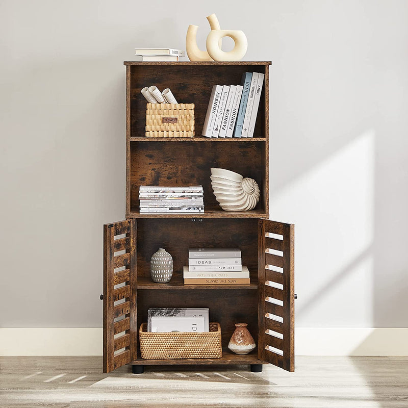 Open upper shelves of the rustic brown cabinet holding books, baskets and an ornament