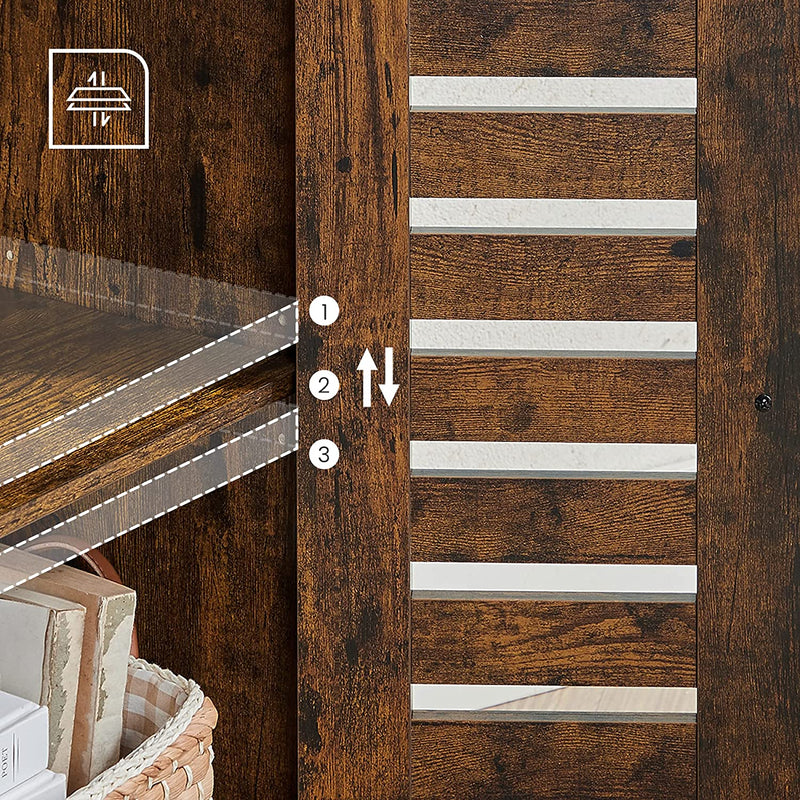Close-up of the 3 height-adjustable shelf positions and the louvered door slats
