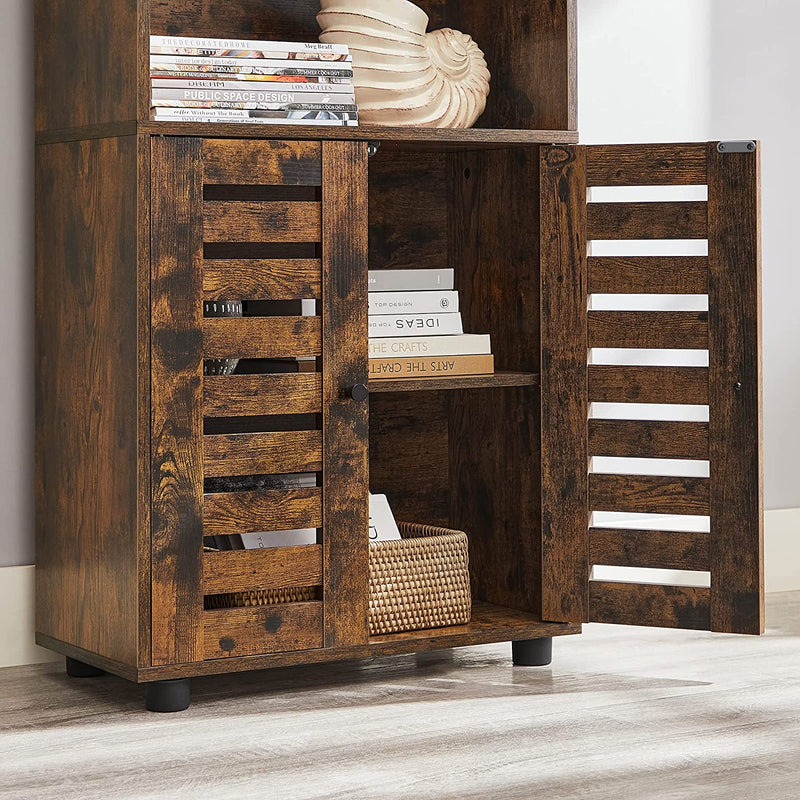 Cabinet with both louvered doors open showing books and a woven basket stored inside