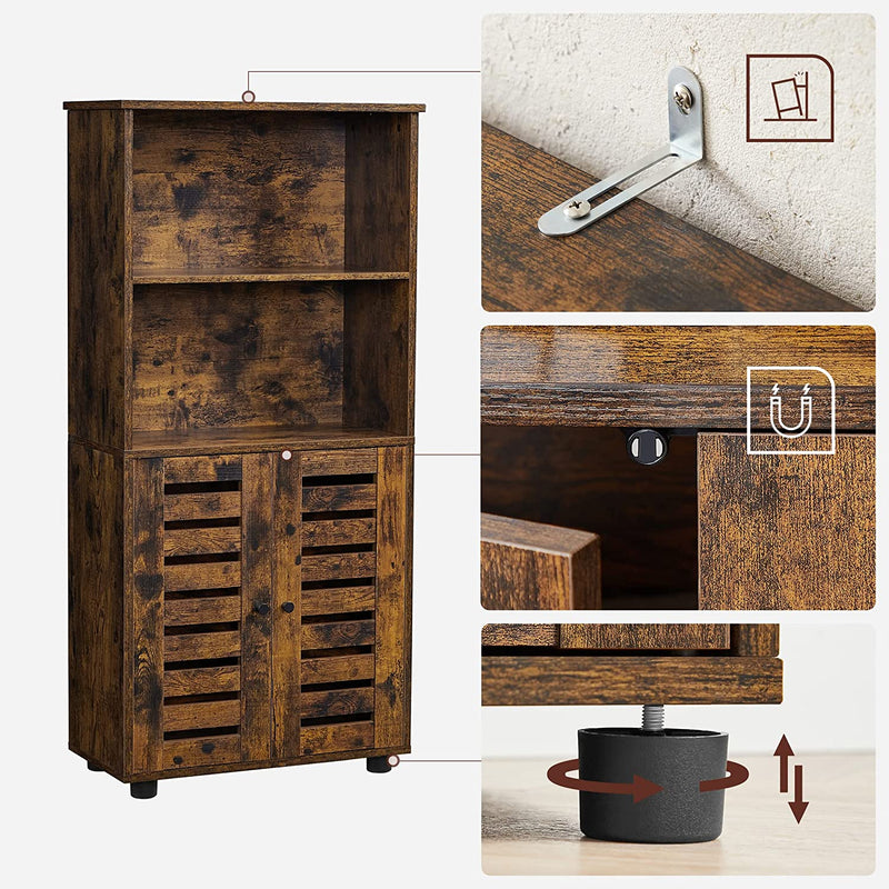 Detail shots of the anti-tip wall bracket, magnetic door catch and adjustable levelling foot