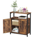 Rustic brown and black Vasagle storage cabinet with one slat door open showing books