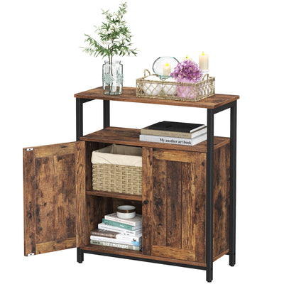 Rustic brown and black Vasagle storage cabinet with one slat door open showing books