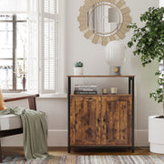 Rustic brown cabinet beside a bed holding books and a folded blanket