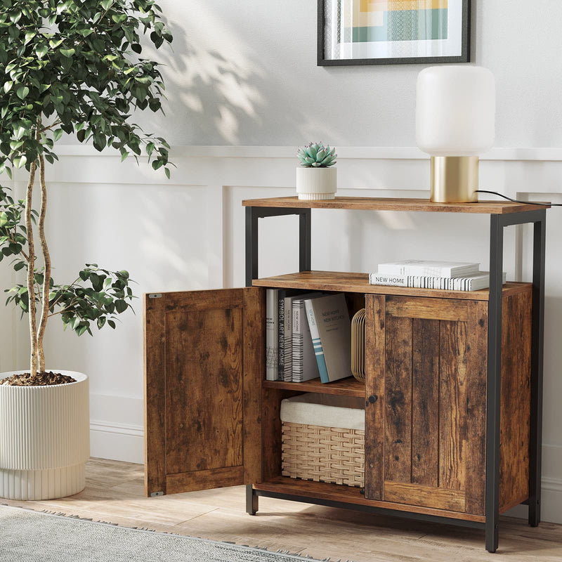 Rustic brown cabinet against a living room wall with a tall plant beside it
