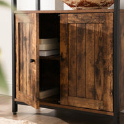 Close-up of the two slat doors open showing the shelf inside the cupboard