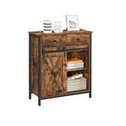 Angled studio view of the rustic brown and black cabinet with drawer and barn door