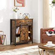 Rustic brown cabinet in a living room beside a leather sofa and coffee table