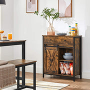 Rustic brown cabinet in a dining area holding drinks, snacks and a plant