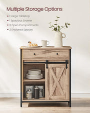 Storage layout guide showing 1 drawer, 2 open compartments and 2 enclosed spaces