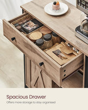 Close-up of the open drawer holding jars, packets and kitchen odds and ends
