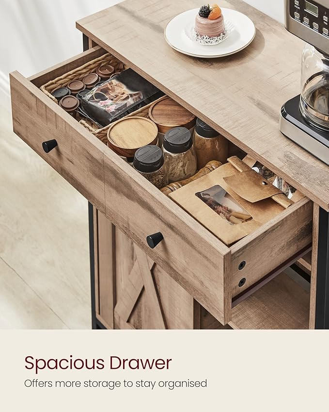 Close-up of the open drawer holding jars, packets and kitchen odds and ends