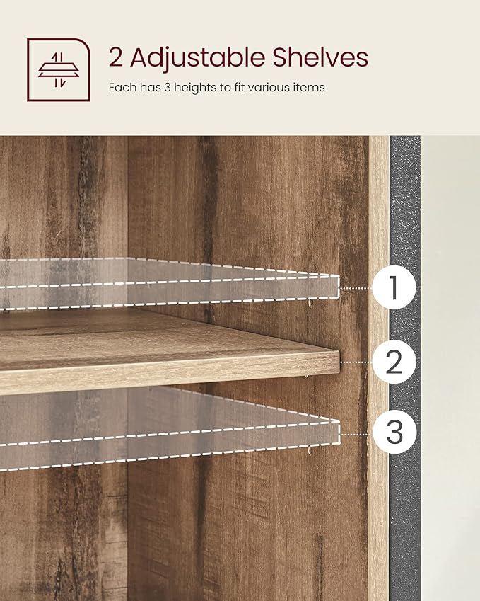 Diagram showing each shelf setting to 3 different heights inside the cabinet