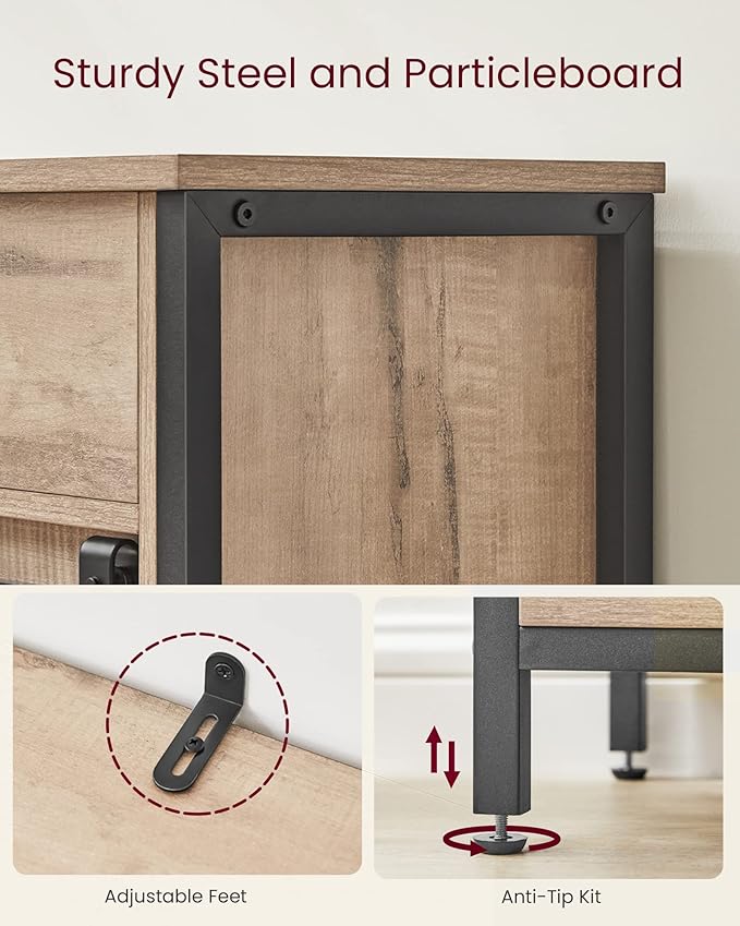 Close-up of the steel frame with insets showing the adjustable feet and anti-tip kit