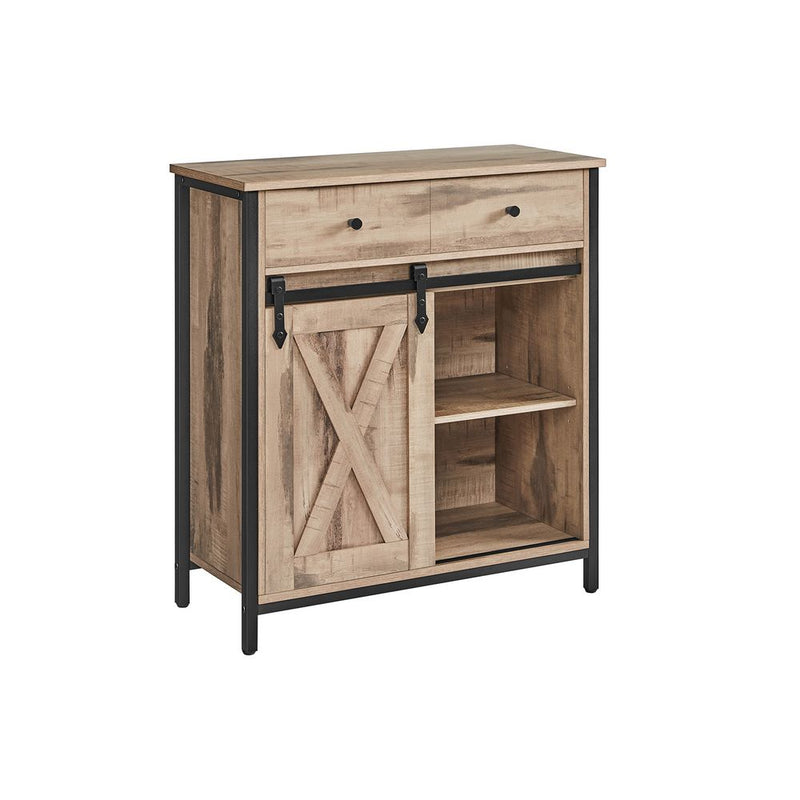 Angled studio view of the toasted oak cabinet with the barn door slid open