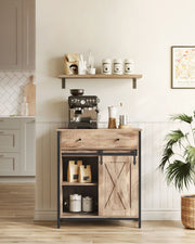 Toasted oak and black cabinet used as a coffee station in a white kitchen