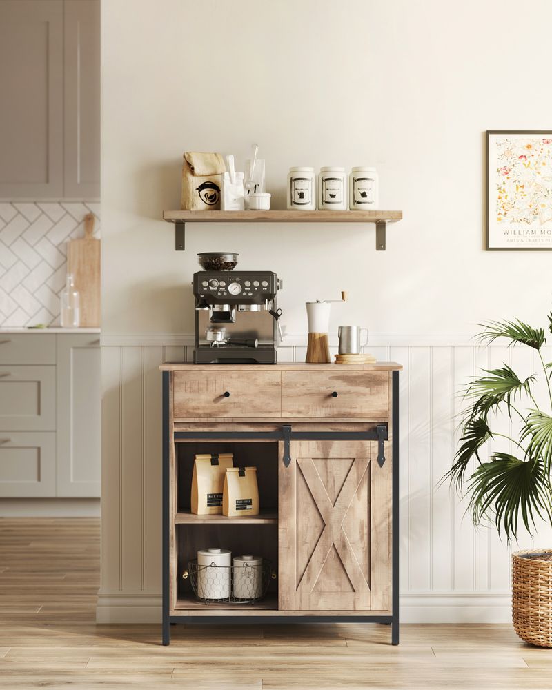 Toasted oak and black cabinet used as a coffee station in a white kitchen
