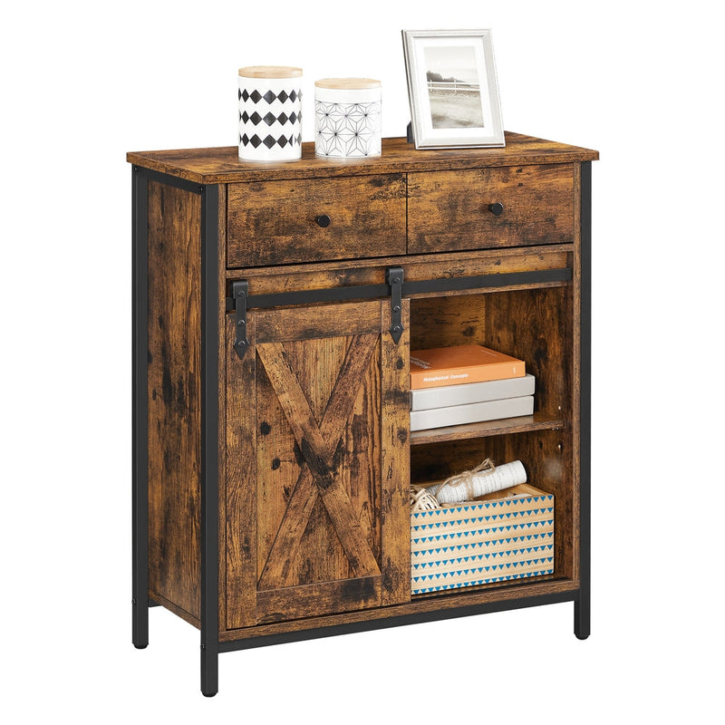 Rustic brown and black Vasagle storage cabinet with sliding barn door, front view