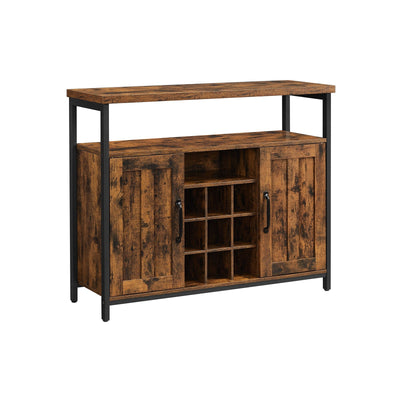 Rustic brown storage cabinet with a wine rack and raised top shelf on a white background
