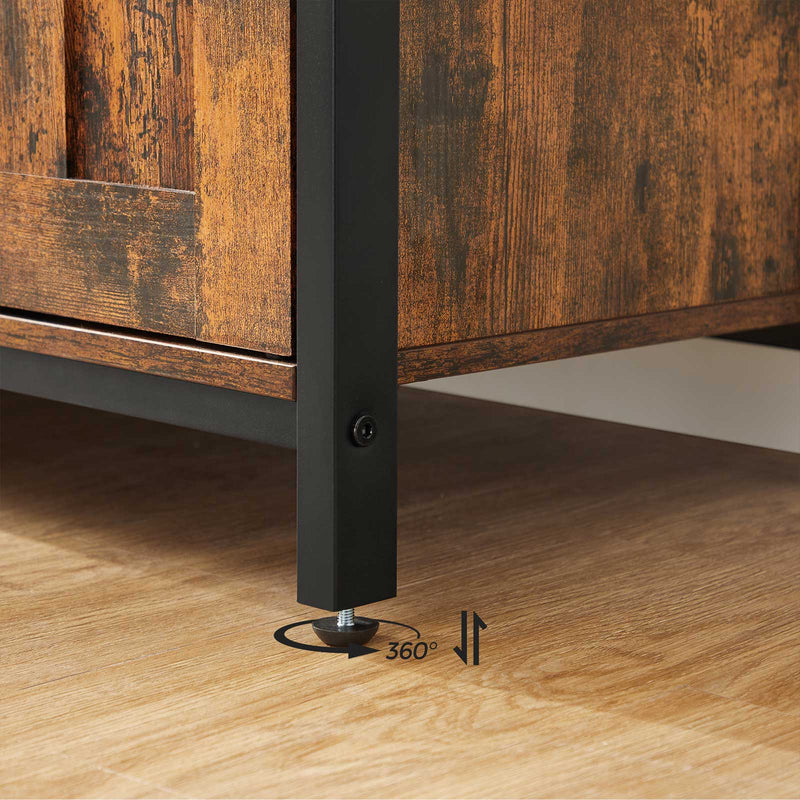 Close-up of a black steel leg with its 360 degree adjustable foot on a wood floor