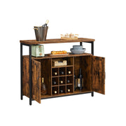 Cabinet with both doors open showing the 9-slot wine rack and side shelving