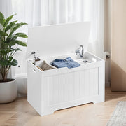 White Vasagle storage chest bench with the lid open showing folded clothes inside