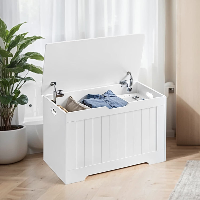 White Vasagle storage chest bench with the lid open showing folded clothes inside