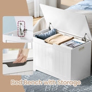 Chest used as a bed bench with insets showing the safety hinge and recessed front handle