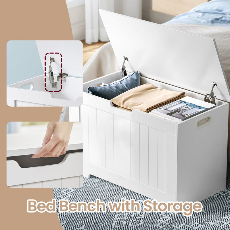 Chest used as a bed bench with insets showing the safety hinge and recessed front handle