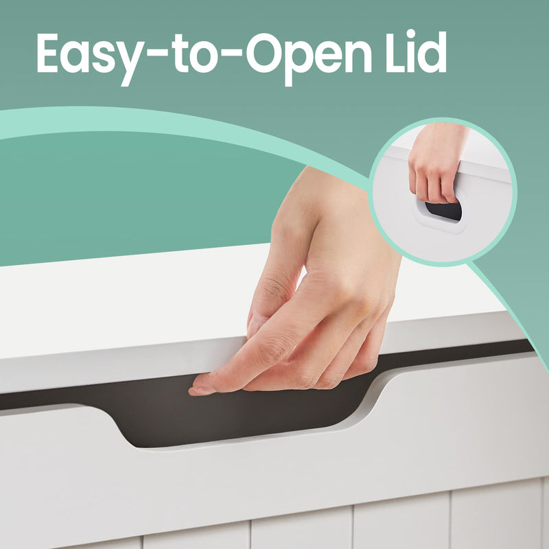 Easy-to-open lid panel showing a hand lifting the lid by the recessed black handle