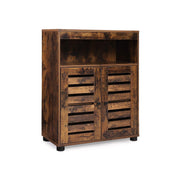 Rustic brown storage cupboard with an open top compartment and two closed louvered doors
