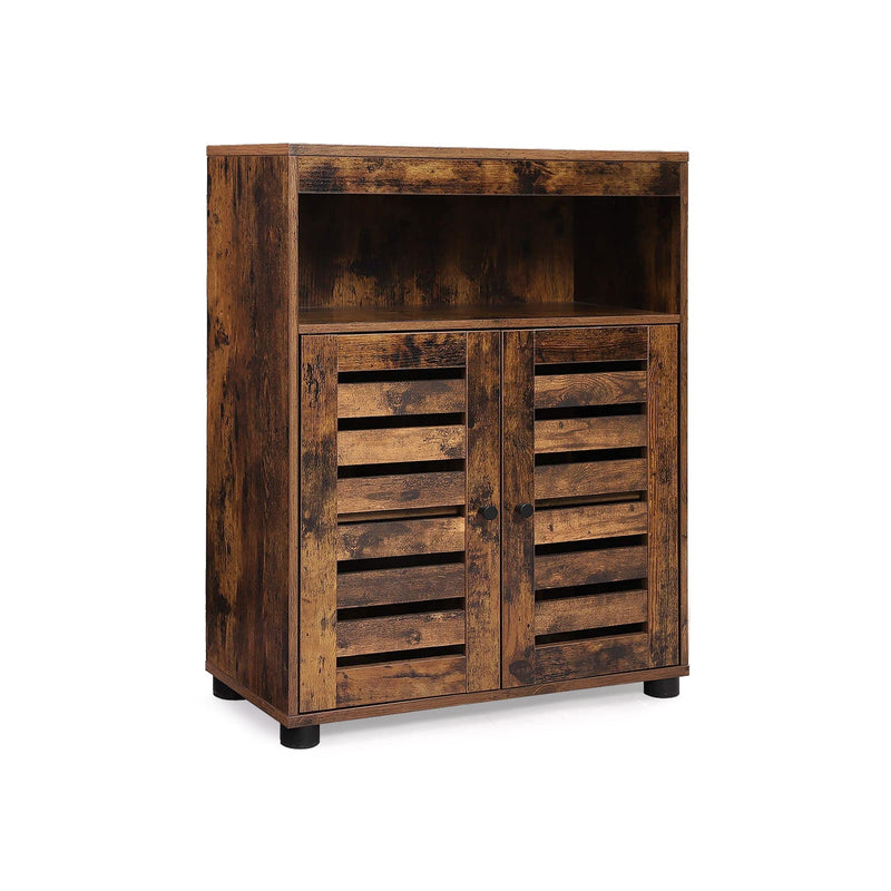Rustic brown storage cupboard with an open top compartment and two closed louvered doors