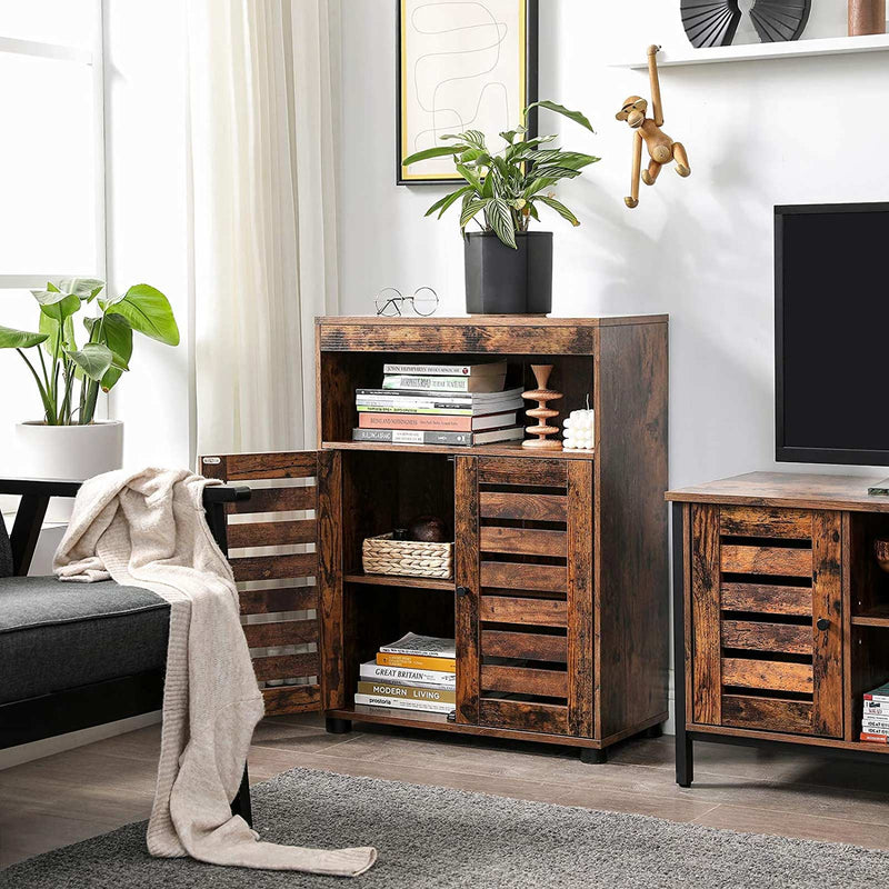 Cupboard in a living room with both louvered doors open, showing the inner shelf