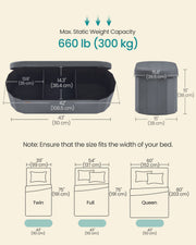 Labelled dimensions diagram of the storage ottoman showing 110 x 38 x 38cm overall size and 300kg weight capacity.