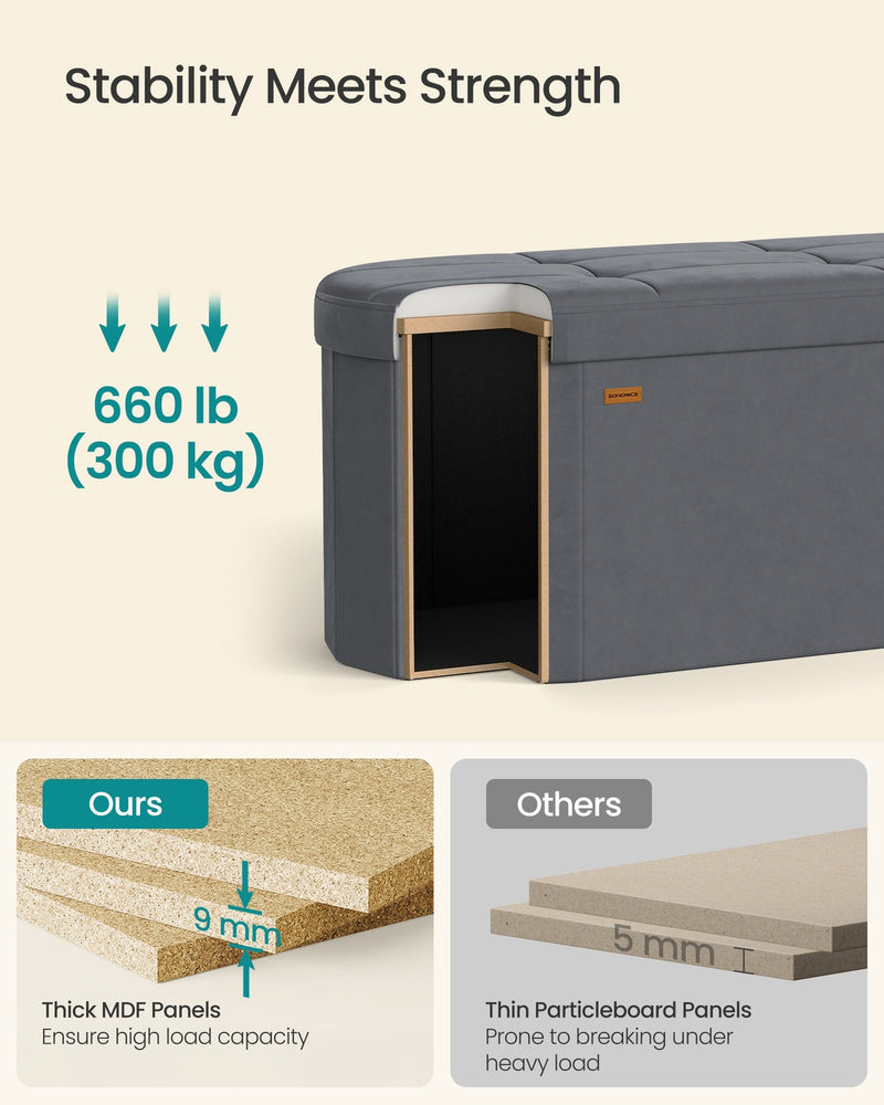 Open ottoman frame comparing the 9mm MDF top panel against a thinner 5mm particleboard alternative.