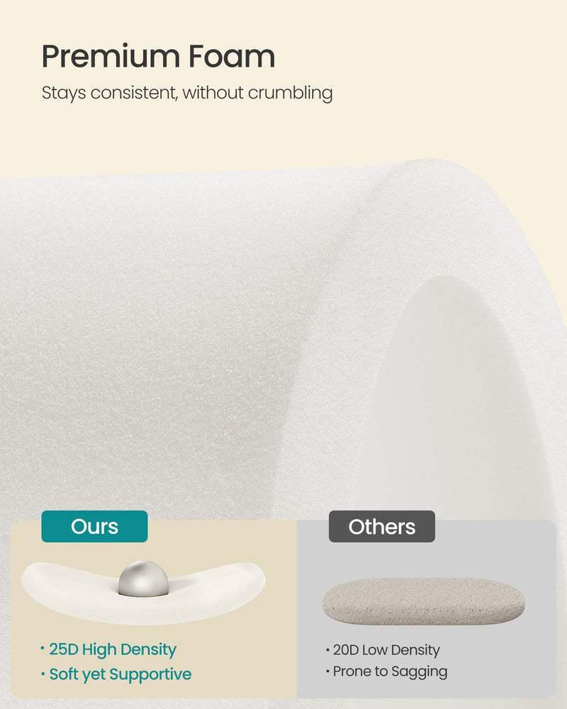 Close-up cross-section of the ottoman's high-density foam cushioning versus a lower-density foam alternative.