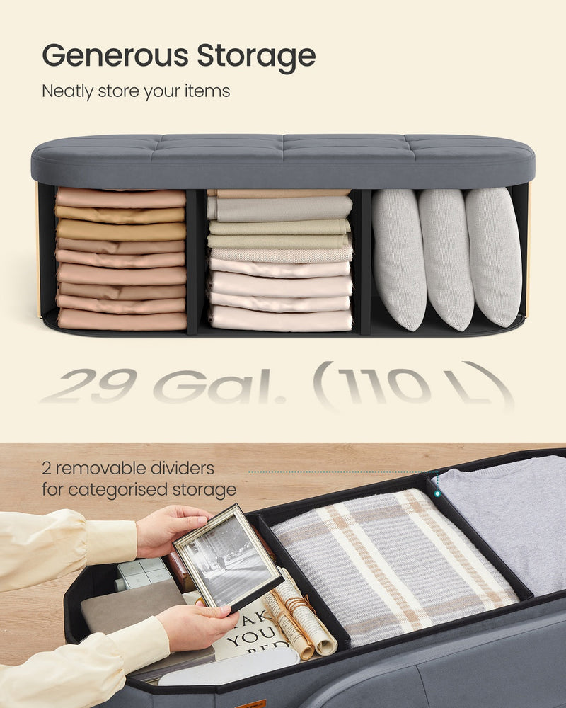 Open ottoman interior with two removable dividers holding folded blankets and pillows, 110 litre capacity.