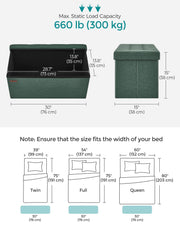 Dimensions diagram showing 76 x 38 x 38 cm outside, 73 x 35 x 35 cm inside and 300 kg load