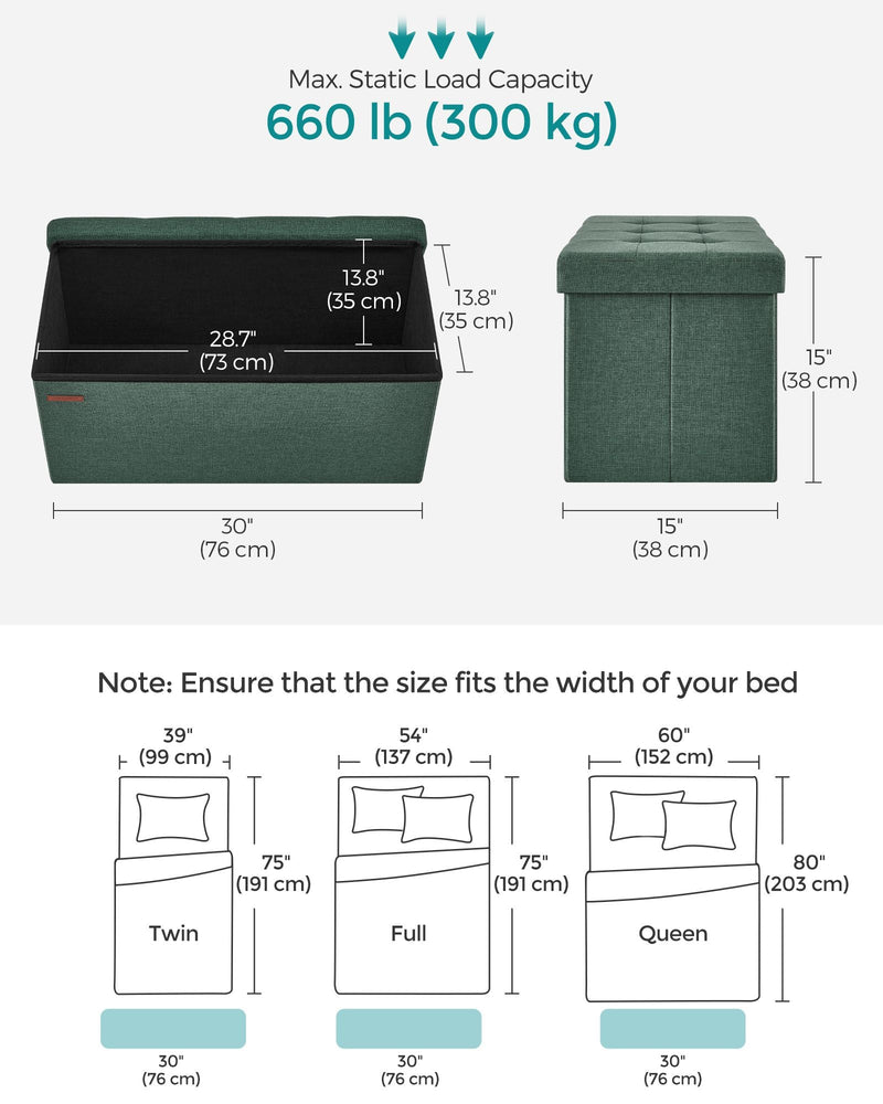 Dimensions diagram showing 76 x 38 x 38 cm outside, 73 x 35 x 35 cm inside and 300 kg load