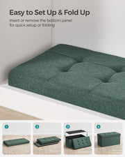 Four-step graphic showing the bottom panel inserted to set the bench up or fold it flat