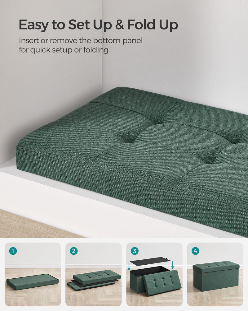 Four-step graphic showing the bottom panel inserted to set the bench up or fold it flat