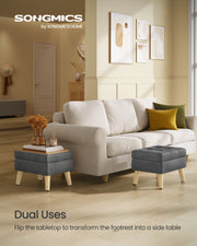 Two slate grey storage ottomans of different sizes used as flip-top side tables beside a cream sofa, one holding a diffuser and stacked books.